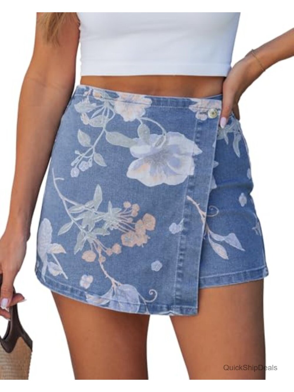 luvamia Floral Print Faux Wrap Stretchy High Waisted Denim Skort